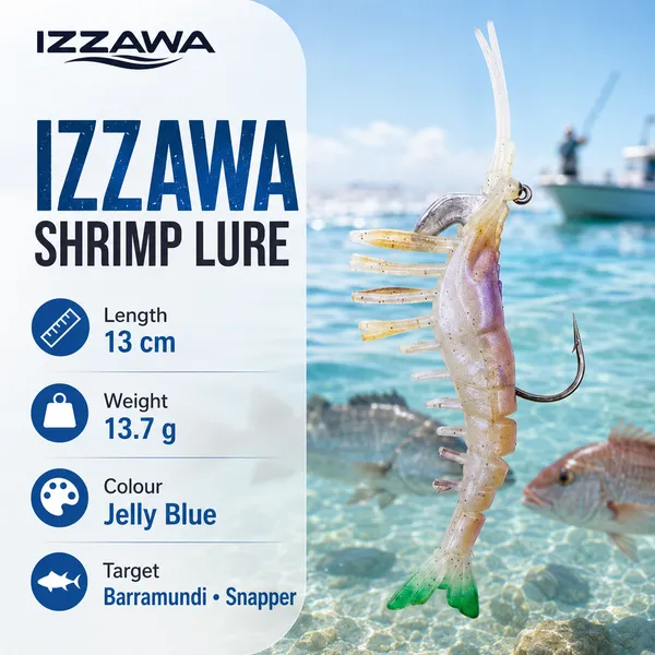 IZZAWA_Shrimp_Lure_13cm_13.7g_Jelly_Blue_–_Barramundi_Snapper_GT_Hamoor_Bait