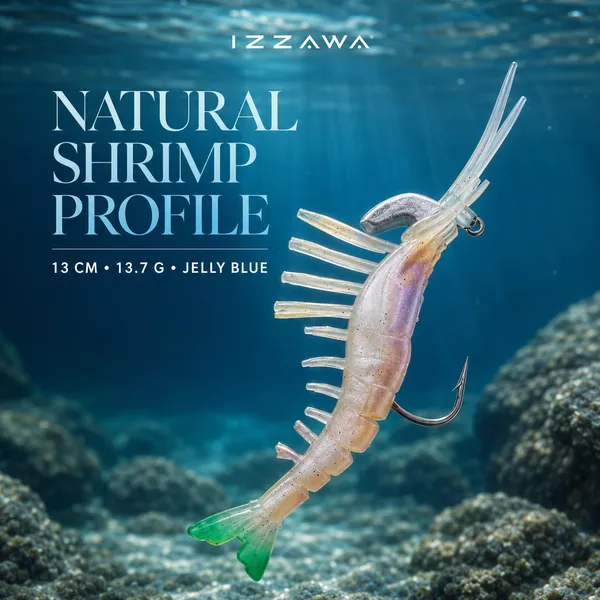 IZZAWA_Shrimp_Lure_13cm_13.7g_Jelly_Blue_–_Barramundi_Snapper_GT_Hamoor_Bait