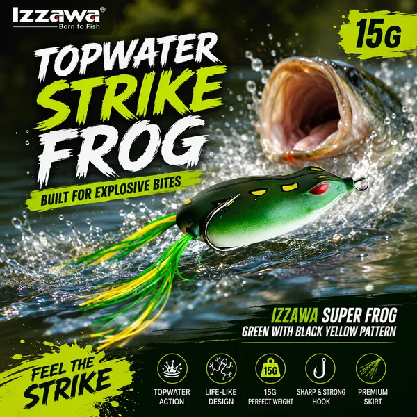 IZZAWA_Super_Frog_Green_with_Black_Yellow_Pattern_Frog_Lure_15g_|_Pack_of_1
