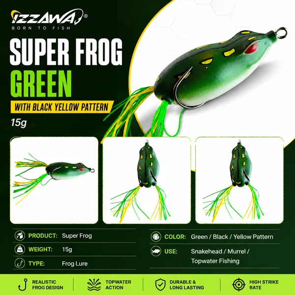 IZZAWA_Super_Frog_Green_with_Black_Yellow_Pattern_Frog_Lure_15g_|_Pack_of_1