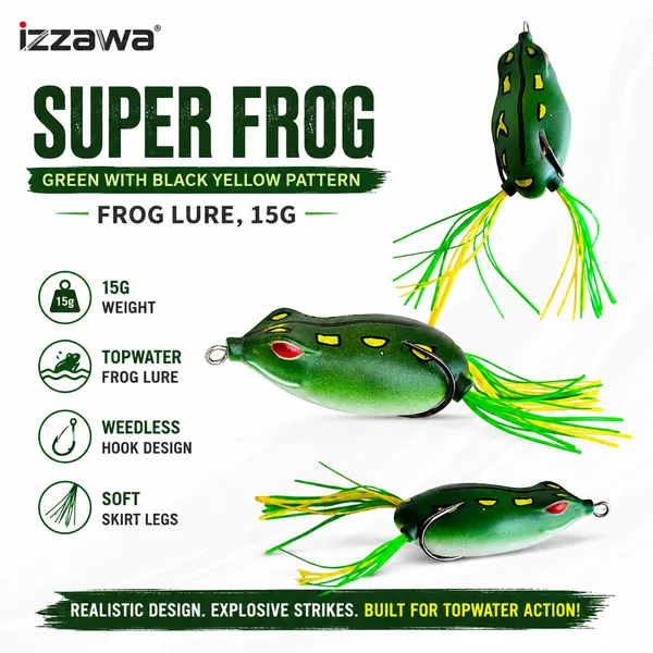 IZZAWA_Super_Frog_Green_with_Black_Yellow_Pattern_Frog_Lure_15g_|_Pack_of_1
