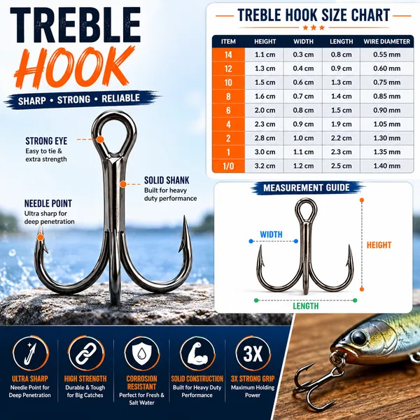 IZZAWA_Treble_Fishing_Hooks_-_Pack_of_5,_High_Carbon_Steel,_Black_Nickel