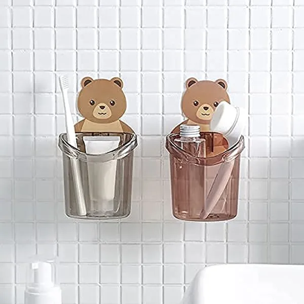 Toothbrush_Holder_Plastic_Stand_Set_Of_2_Pcs_For_Toothpaste_Comb_Brush_Cream_Lotion_Kids_Bathroom_Cup_Drain_Waterproof_Self_Adhesive_Teddy_Bear