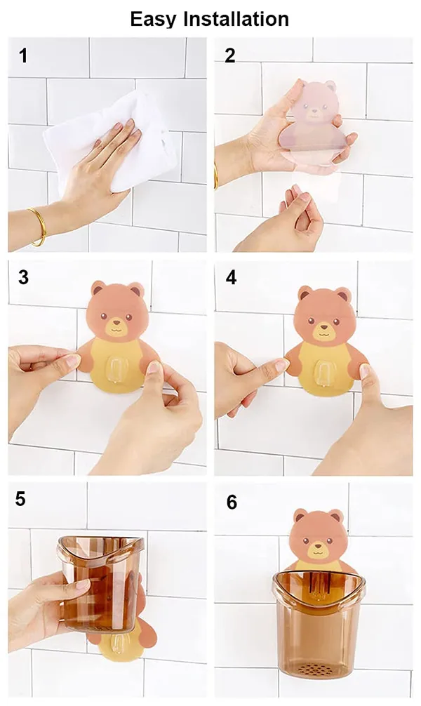 Toothbrush_Holder_Plastic_Stand_Set_Of_2_Pcs_For_Toothpaste_Comb_Brush_Cream_Lotion_Kids_Bathroom_Cup_Drain_Waterproof_Self_Adhesive_Teddy_Bear