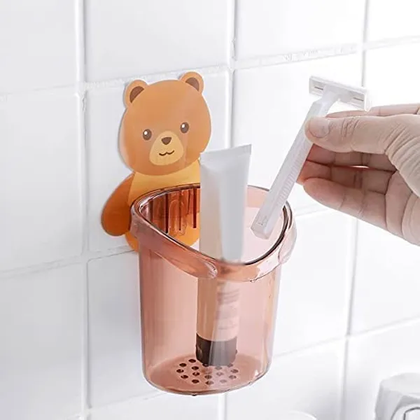 Toothbrush_Holder_Plastic_Stand_Set_Of_2_Pcs_For_Toothpaste_Comb_Brush_Cream_Lotion_Kids_Bathroom_Cup_Drain_Waterproof_Self_Adhesive_Teddy_Bear