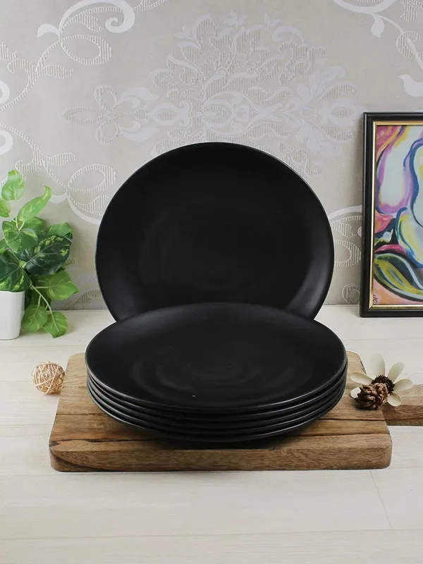 Unbreakable_Melamine_Round_Full_Size_Kitchen_Dinner_Plates_Set_Of_6_Spiral_Black_Design