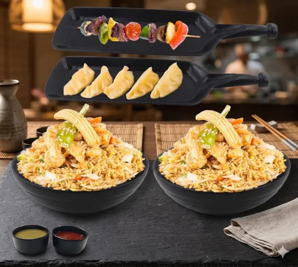 Melamine_Black_Serving_Platter_Combo_For_French_Fries_Momos_Rolls_Dessert_And_Snacks_Serving_Tray_Combo_1008