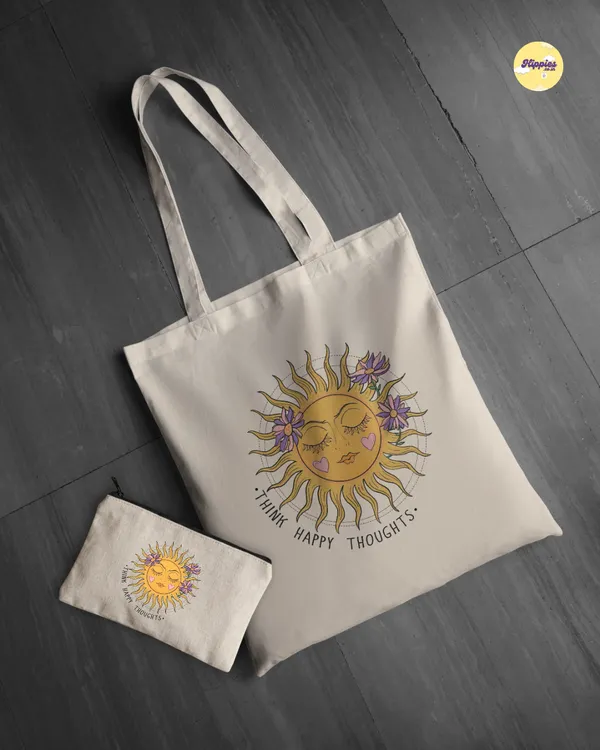 Combo_of_'Think_happy_thoughts'_Everyday_Tote_bag_&_Canvas_pouch_|_Tote_Bag_with_Non_Zipper_Closure