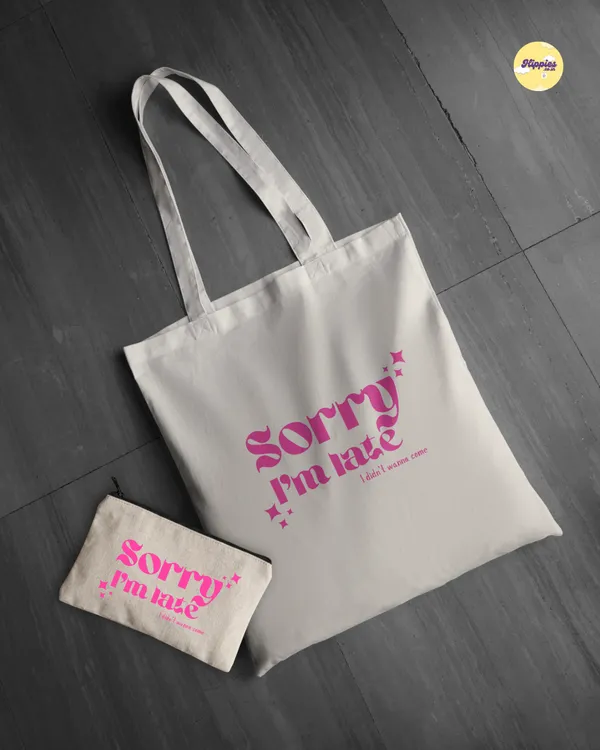 Combo_of_'sorry_i'm_late'_Everyday_Tote_bag_&_Canvas_pouch_|_Tote_Bag_with_Non_Zipper_Closure
