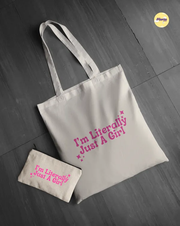 Combo_of_'Literally_just_a_girl'_Everyday_Tote_bag_&_Canvas_pouch_|_Tote_Bag_with_Non_Zipper_Closure