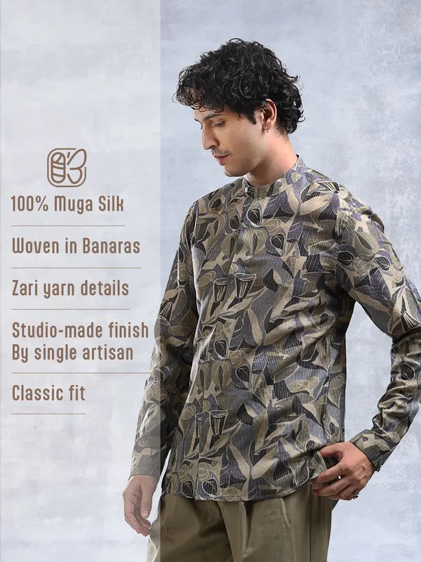 100%_Muga_Silk_with_zari_stripe_classic_fit_BuShirt_in_print