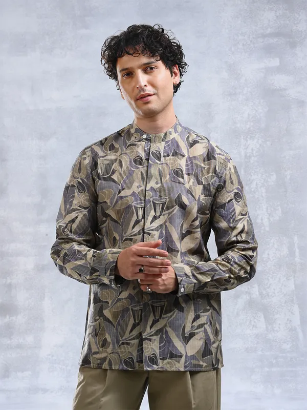 100%_Muga_Silk_with_zari_stripe_classic_fit_BuShirt_in_print