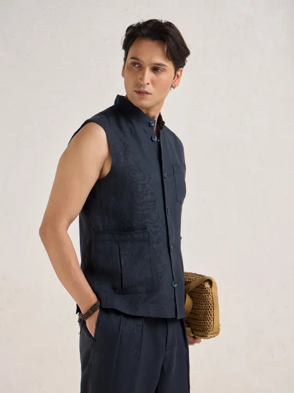 100%_Linen_Classic_Fit_Washed_Bandi_With_Hand_Embroidered_Details