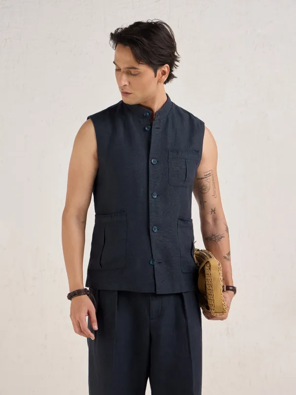 100%_Linen_Classic_Fit_Washed_Bandi_With_Hand_Embroidered_Details
