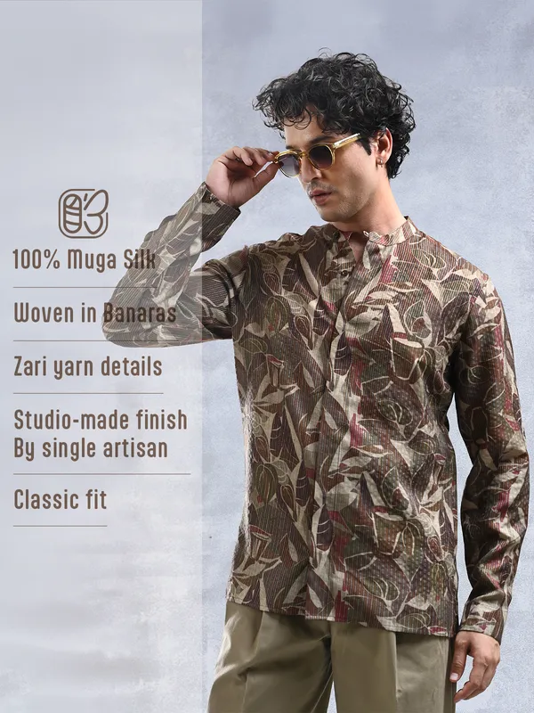 100%_Muga_Silk_with_zari_stripe_classic_fit_BuShirt_in_print