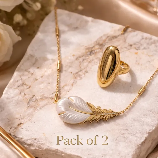 Smooth_Teardrop_Gold_Statement_Ring_And_Elegant_Pearl_Leaf_Pendant_Necklace_With_Golden_Chain_Pack_Of_2