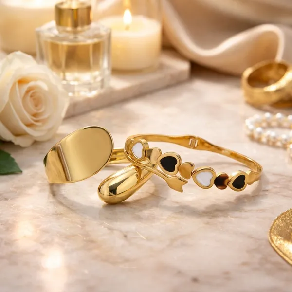 Gold-Plated_Heart_Enamel_Bracelet_With_Multi-Color_Hearts_And_Gold-Plated_Curved_Statement_Bracelet_With_Mirror_Finish_Pack_Of_2