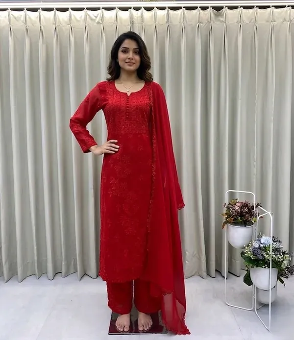 Red_Chikankari_Kurti_Set_With_Dupatta_For_Women