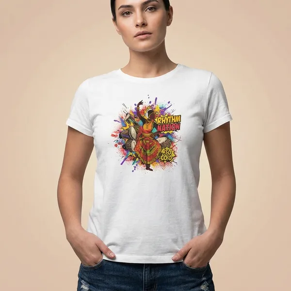White_Cotton_Regular_Fit_Indian_Dancer_Graphic_T-Shirt_For_Women