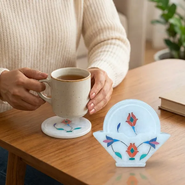Handcrafted_White_Marble_Coaster_Set_With_Floral_Inlay_Design