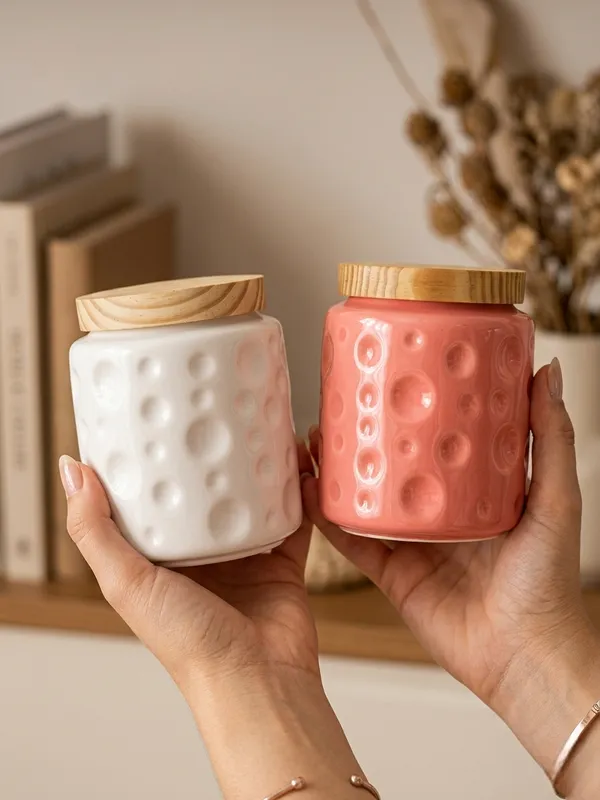 Textured_Ceramic_Jar_Set_With_Wooden_Lids_-_Set_Of_2_(White_&_Pink)
