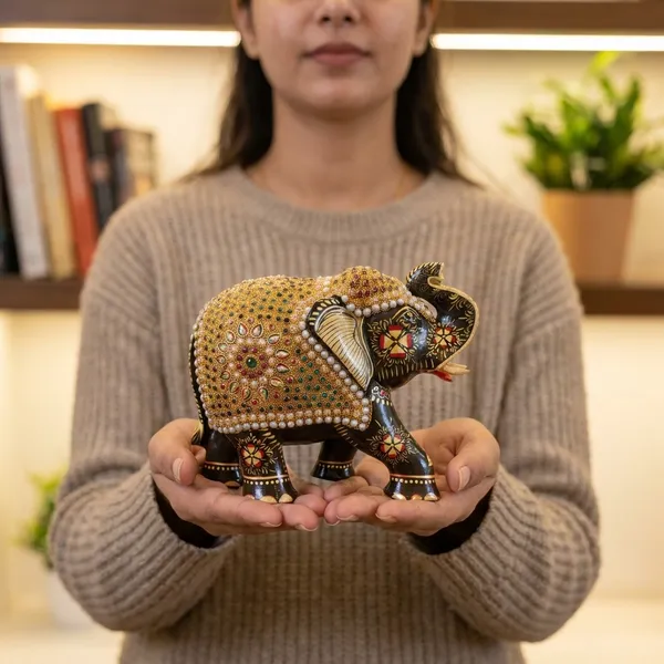 Decorative_Elephant_Trunk_Up_Figurine_-_Black_With_Golden_Accents_6"