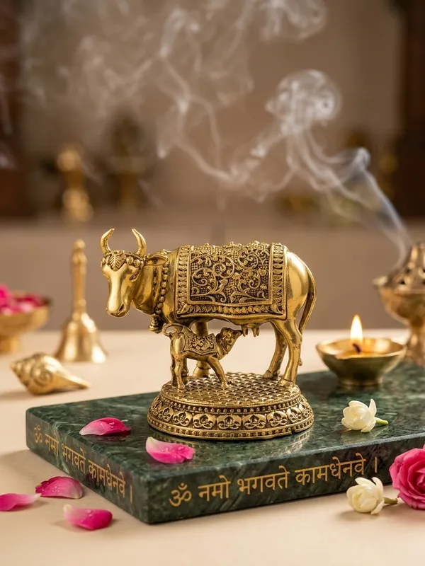 Decorative_Brass_Kamdhenu_Cow_And_Calf_Statue_With_Intricate_Carvings