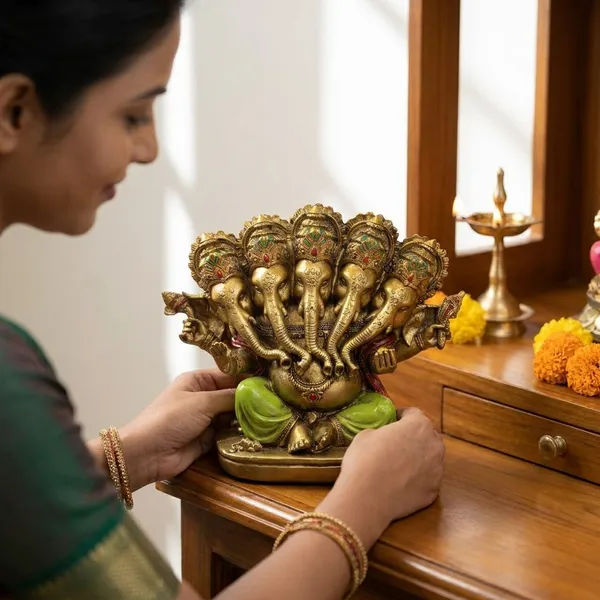 Decorative_Five-Headed_Ganesha_Idol_-_Antique_Gold_&_Green_Finish
