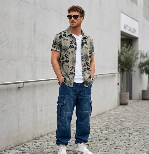 Olive_Green_Abstract_Print_Short_Sleeve_Casual_Shirt_for_Men