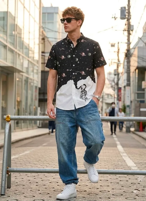Black_And_White_Space_Print_Half_Sleeve_Casual_Shirt_For_Men