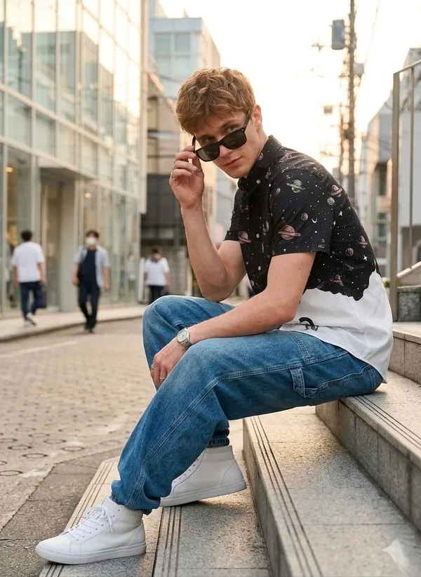 Black_And_White_Space_Print_Half_Sleeve_Casual_Shirt_For_Men