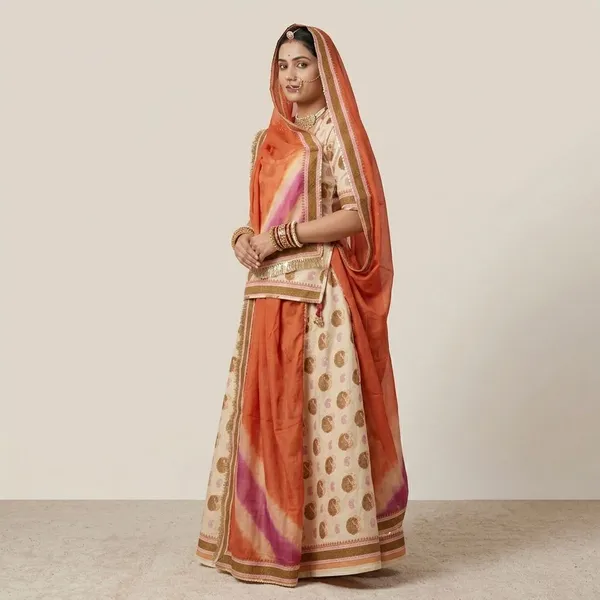 Cream_&_Orange_Cotton_Rajputi_Poshak_4_Metre_Fabric_2.5_Meter_Odhani_For_Women