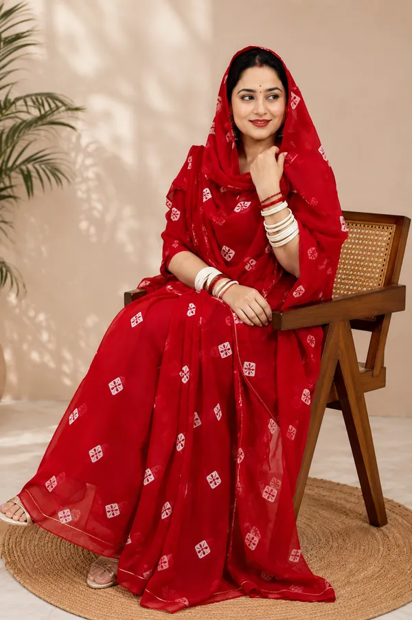 Red_Cotton_Mix_Batik_Rajputi_Poshak_4_Metre_Fabric_2.5_Meter_Odhani_For_Women