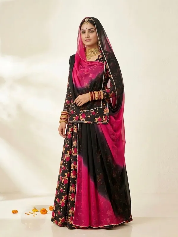 Black_&_Pink_Cotton_Doriya_Rajputi_Poshak_4_Metre_Fabric_2.5_Meter_Odhani_For_Women