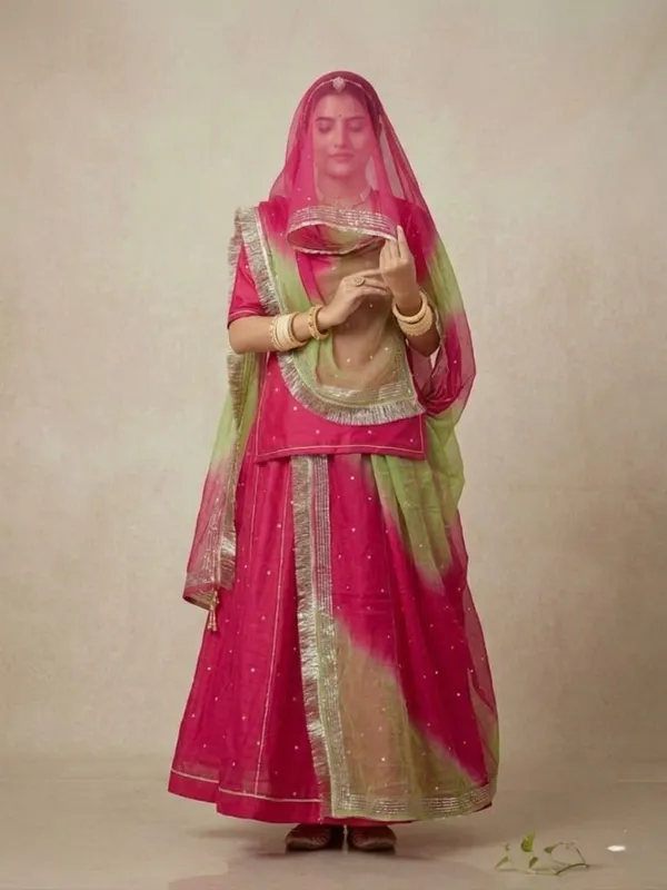 Pink_&_Green_Silk_Crepe_Rajputi_Poshak_4_Metre_Fabric_2.5_Meter_Odhani_For_Women