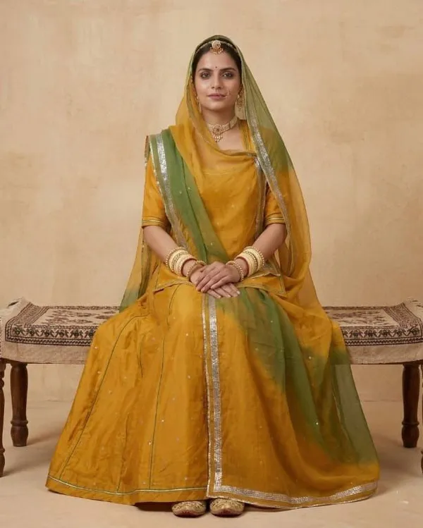 Yellow_&_Green_Silk_Crepe_Rajputi_Poshak_4_Metre_Fabric_2.5_Meter_Odhani_For_Women