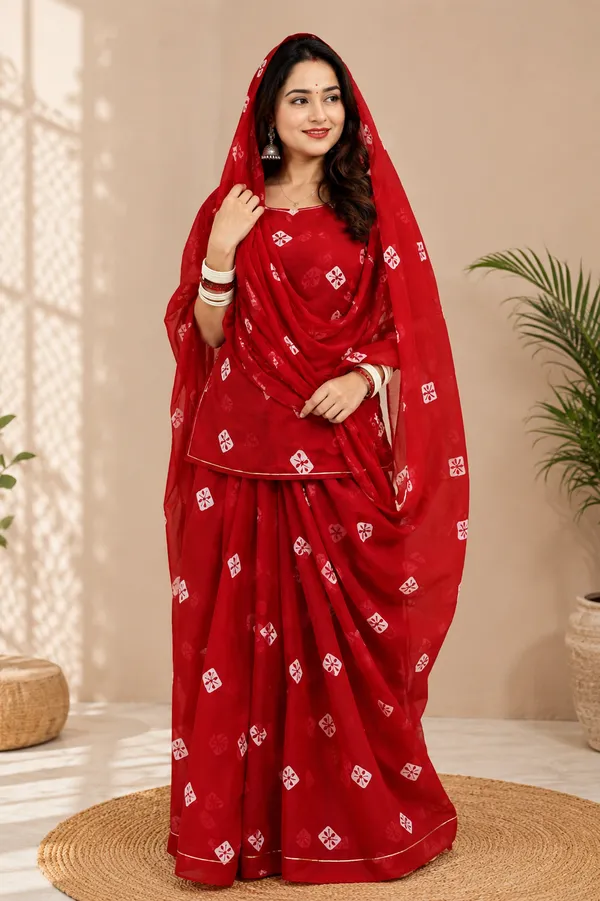 Red_Cotton_Mix_Batik_Rajputi_Poshak_4_Metre_Fabric_2.5_Meter_Odhani_For_Women