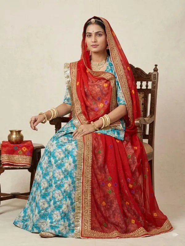 Blue_&_Red_Cotton_Rajputi_Poshak_4_Metre_Fabric_2.5_Meter_Odhani_For_Women