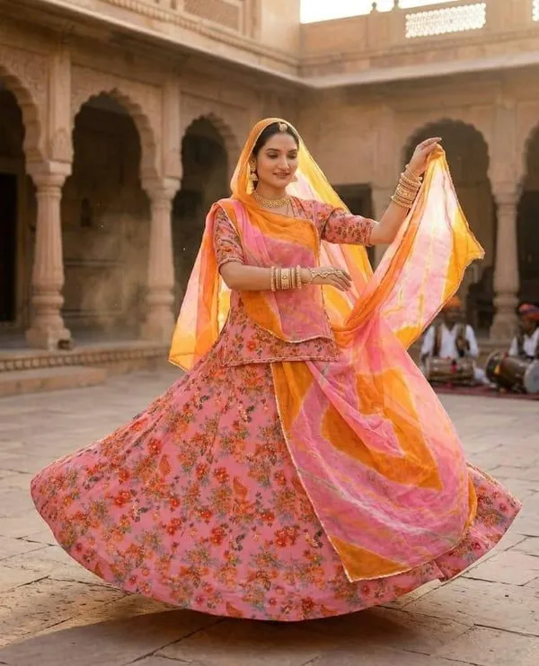 Pink_&_Orange_Cotton_Rajputi_Poshak_4_Metre_Fabric_2.5_Meter_Odhani_For_Women