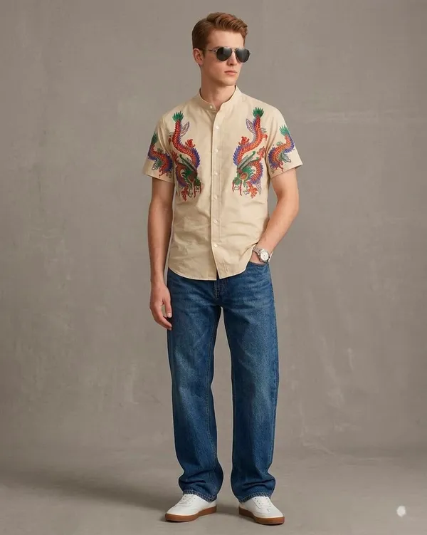 Cream_Phoenix_Embroidered_Short_Sleeve_Shirt_for_Men
