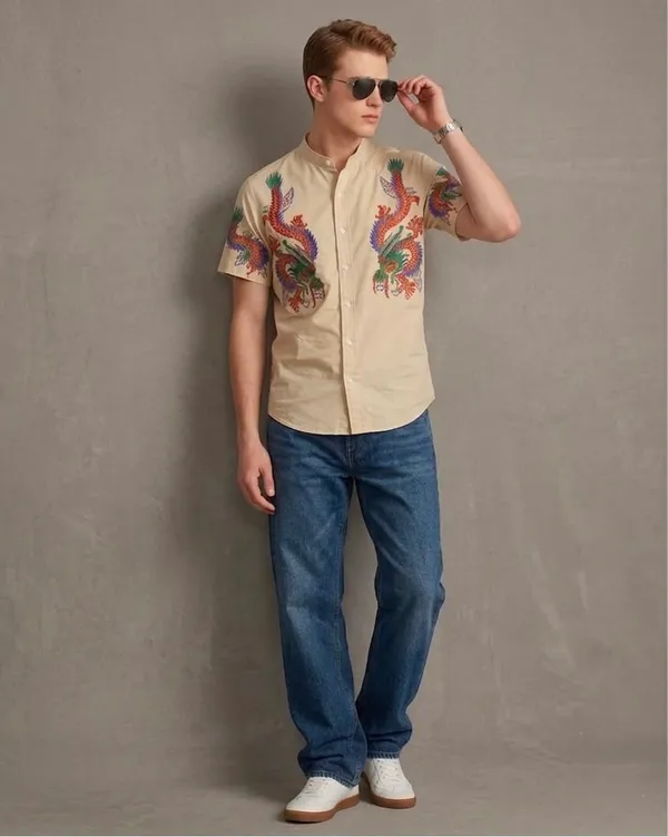 Cream_Phoenix_Embroidered_Short_Sleeve_Shirt_for_Men