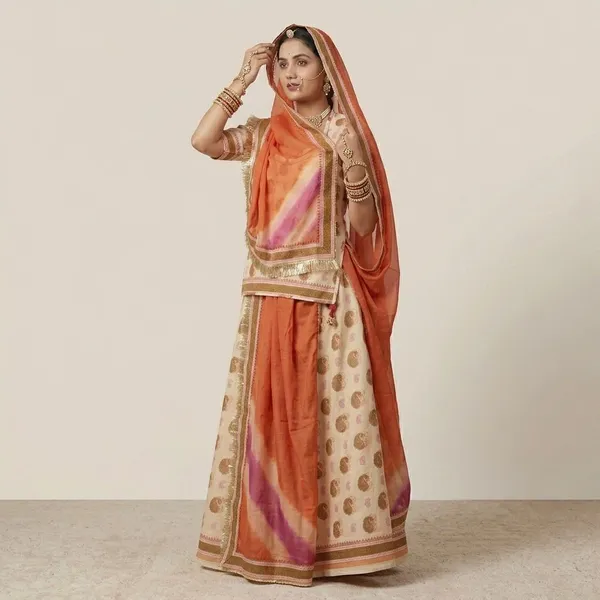 Cream_&_Orange_Cotton_Rajputi_Poshak_4_Metre_Fabric_2.5_Meter_Odhani_For_Women