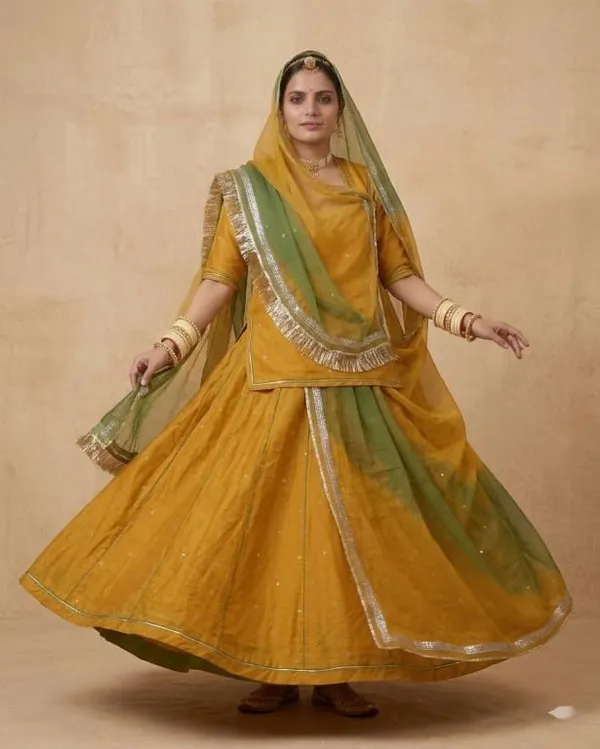 Yellow_&_Green_Silk_Crepe_Rajputi_Poshak_4_Metre_Fabric_2.5_Meter_Odhani_For_Women