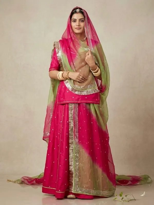 Pink_&_Green_Silk_Crepe_Rajputi_Poshak_4_Metre_Fabric_2.5_Meter_Odhani_For_Women