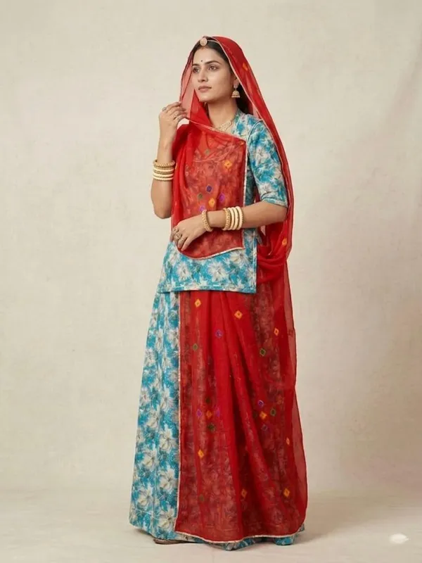 Blue_&_Red_Cotton_Rajputi_Poshak_4_Metre_Fabric_2.5_Meter_Odhani_For_Women