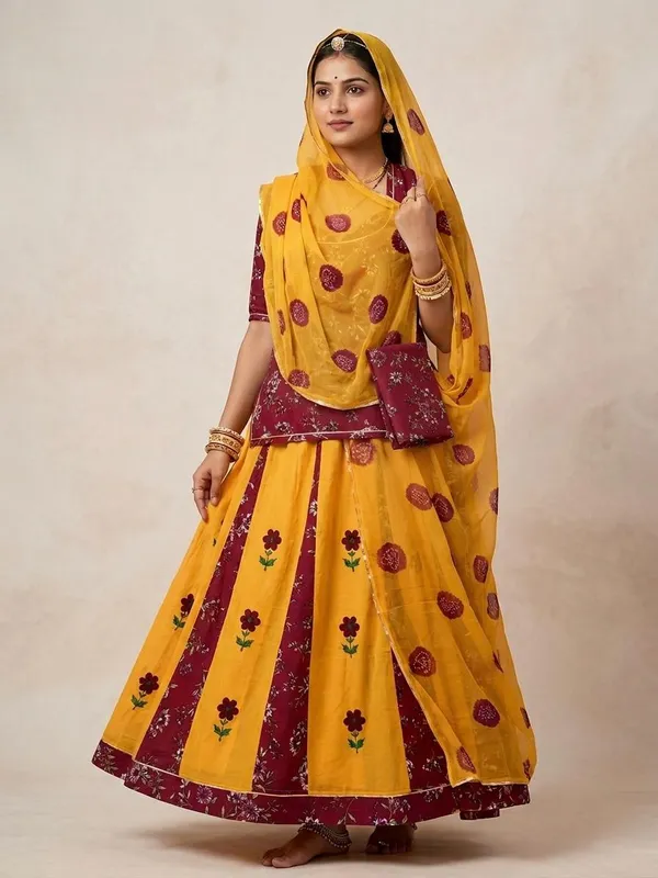 Yellow_&_Maroon_Cotton_16_Kali_Rajputi_Poshak_4_Metre_Fabric_2.5_Meter_Odhani_For_Women