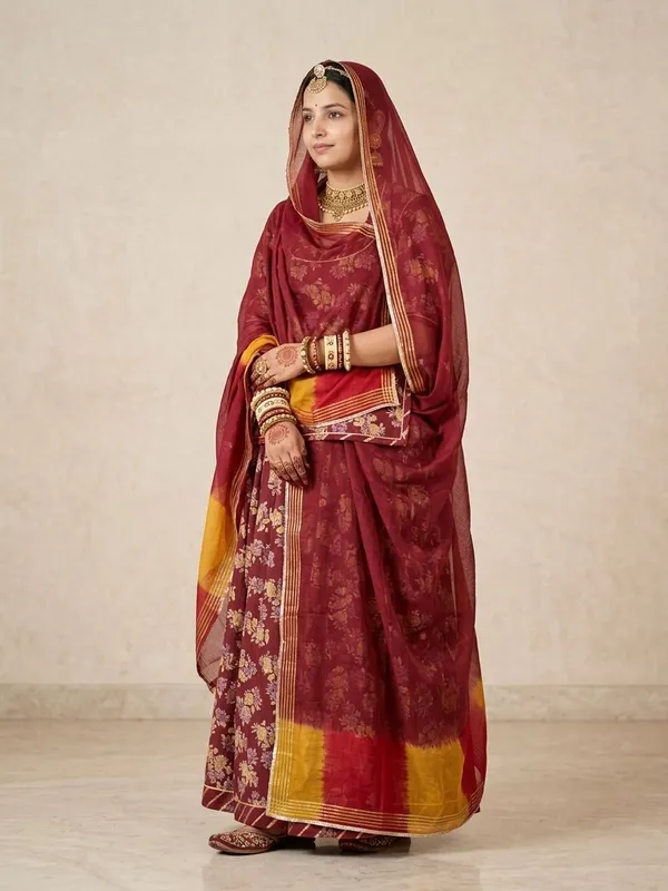 Maroon_Silk_Pashmina_Doriya_Rajputi_Poshak_4_Metre_Fabric_2.5_Meter_Odhani_For_Women