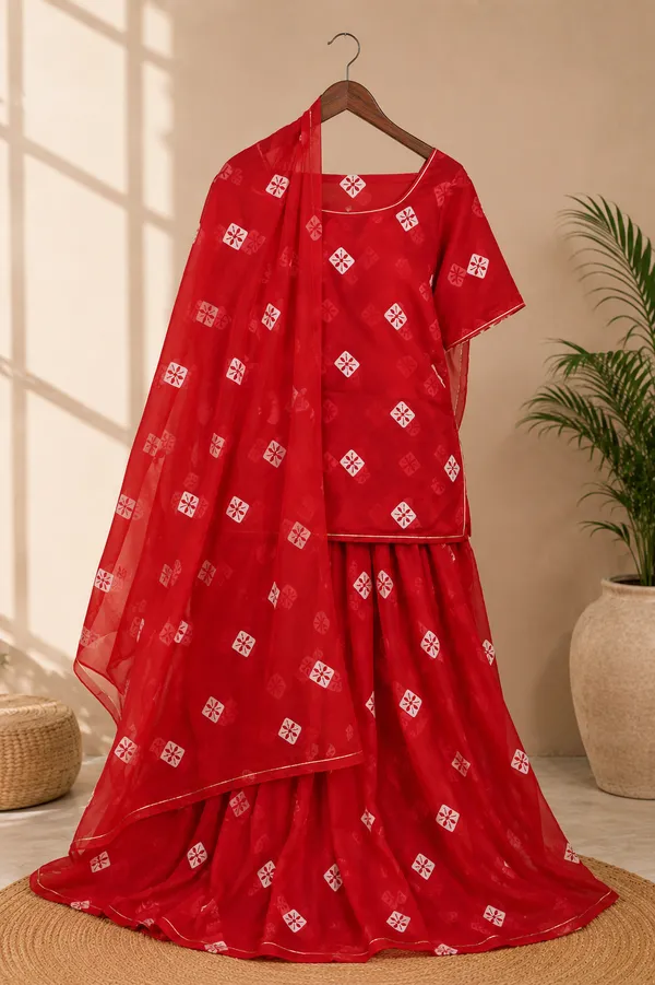 Red_Cotton_Mix_Batik_Rajputi_Poshak_4_Metre_Fabric_2.5_Meter_Odhani_For_Women