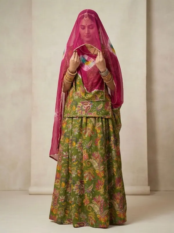 Green_&_Pink_Cotton_Rajputi_Poshak_4_Metre_Fabric_2.5_Meter_Odhani_For_Women