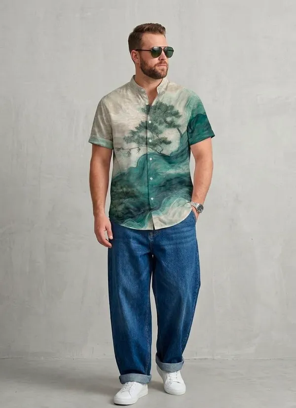 Teal_Abstract_Landscape_Print_Short_Sleeve_Shirt_for_Men